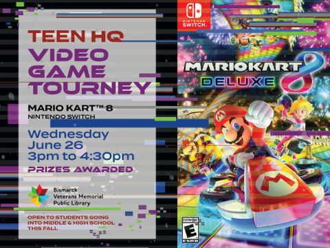 Participate in the Teen HQ Mario Kart 8 video game tournament on June 26 from 3 PM to 4:30 PM. Open to students entering middle and high school this fall. Prizes will be awarded.