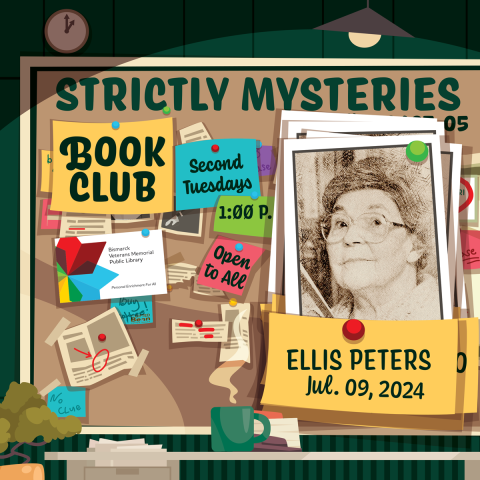 Strictly Mysteries Book Club with event details and author Ellis Peters image..