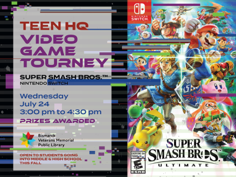 Participate in the Teen HQ Super Smash Bros. video game tournament on July 24 from 3 PM to 4:30 PM. Open to students entering middle and high school this fall. Prizes will be awarded.