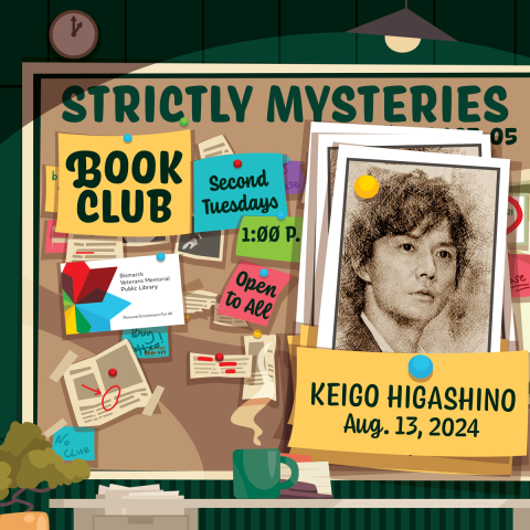 Strictly Mysteries Book Club with event details and author Keigo Higashino image.