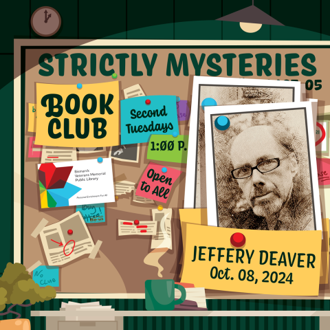 Strictly Mysteries Book Club with event details and author Jeffery Deaver image.