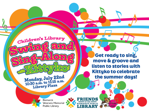 Children's Library Swing and Sing-Along with Kittyko, Monday, July 22nd, 10:30 AM to 11:15 AM.