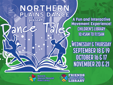 Promotional image for Northern Plains Dance's Dance Tales, offering movement and music sessions tied to story time themes for infants, toddlers, and preschoolers.