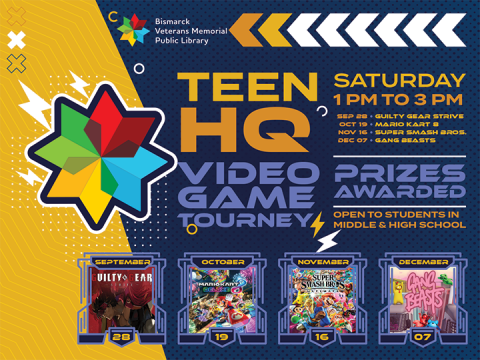 Teen HQ Video Game Tourney at the library on Saturdays from 1-3 PM. Compete for prizes with games like Guilty Gear Strive, Mario Kart 8, Super Smash Bros., and Gang Beasts! Open to students in middle and high school.