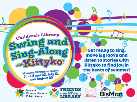 Children’s Library Swing and Sing-Along with Kittyko dates and times on a colorful music-themed flyer.
