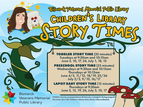 Children’s Library summer story time schedule with dates for toddlers, preschoolers, and babies.
