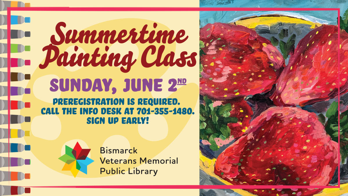 Join Painter Nicole for a follow-along painting class to welcome summer. Great fun for teens and adults! The event will be held on June 2 at 2:00 PM. Preregistration required, call 701-355-1480.