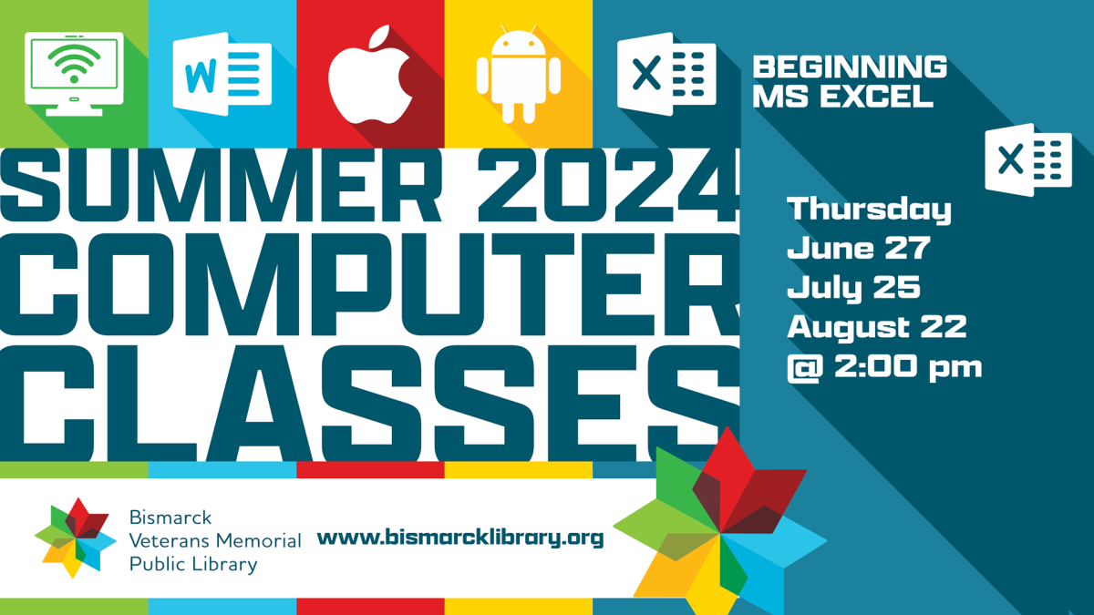 Summer 2024 Computer Classes: Beginning MS Excel, June 27, July 25, August 22, 2:00 p.m.