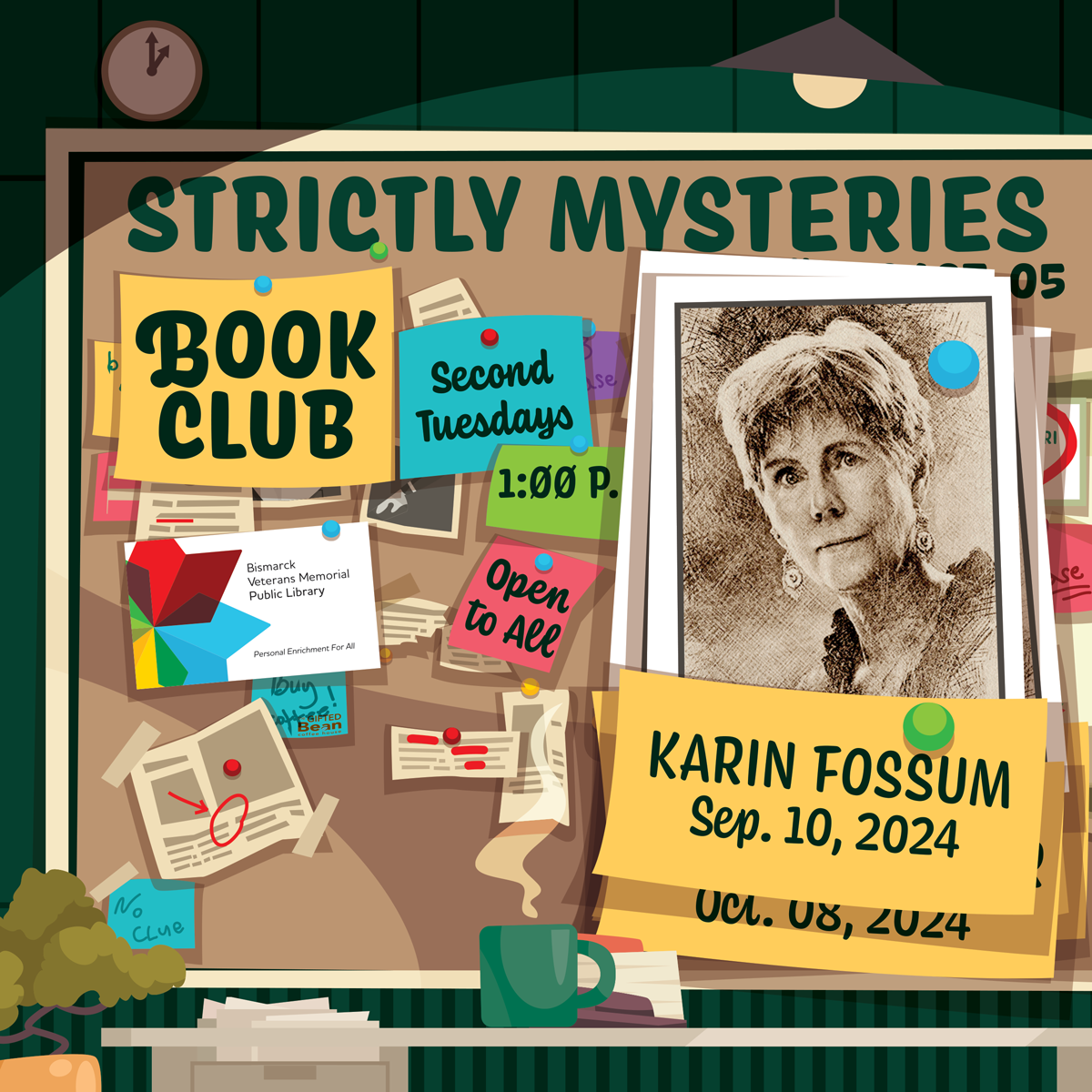 Strictly Mysteries Book Club with event details and author Karin Fossum image.