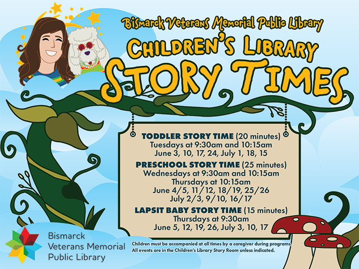 Children’s Library summer story time schedule with dates for toddlers, preschoolers, and babies.