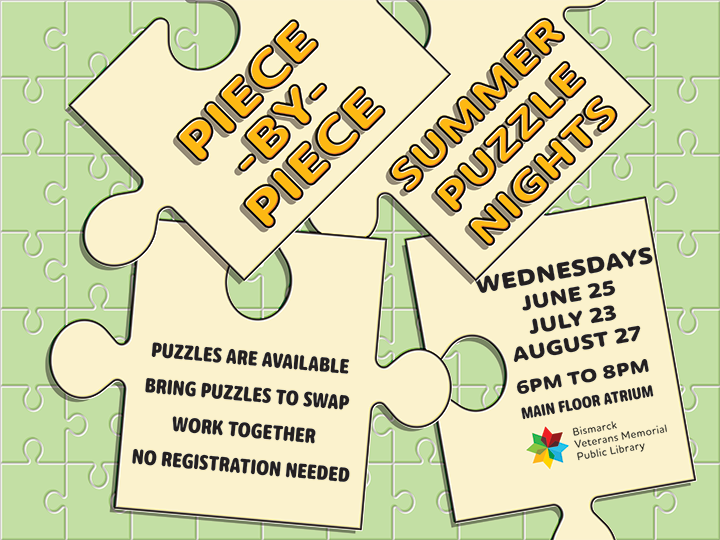 Piece-by-Piece Summer Puzzle Nights at BVMPL, June, July, and August 2025, 6pm to 8pm.